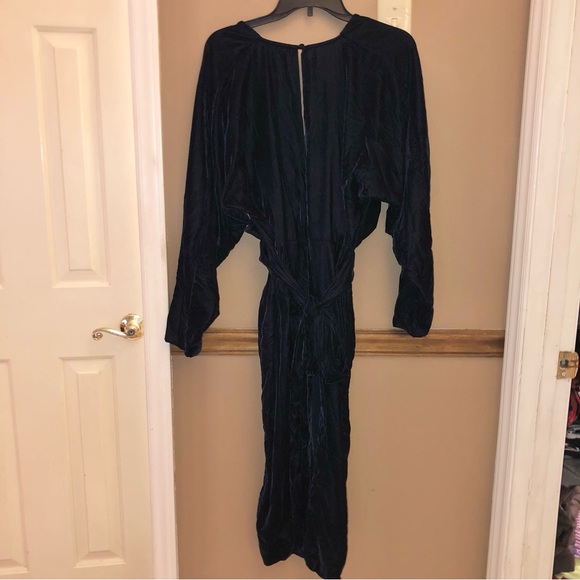 ASOS Velvet Long‎ Sleeve V Neck Tie Ruched Waist Maxi Dress Dark Blue 8 - Picture 2 of 6